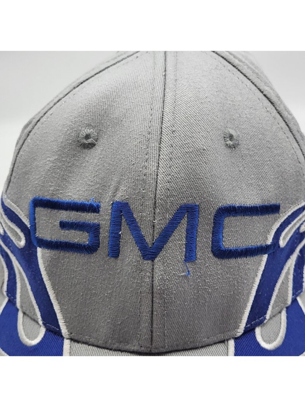 Vtg GMC Hat Cap Spell Out Script Logo Blue Flames strapback Chevy General Motors